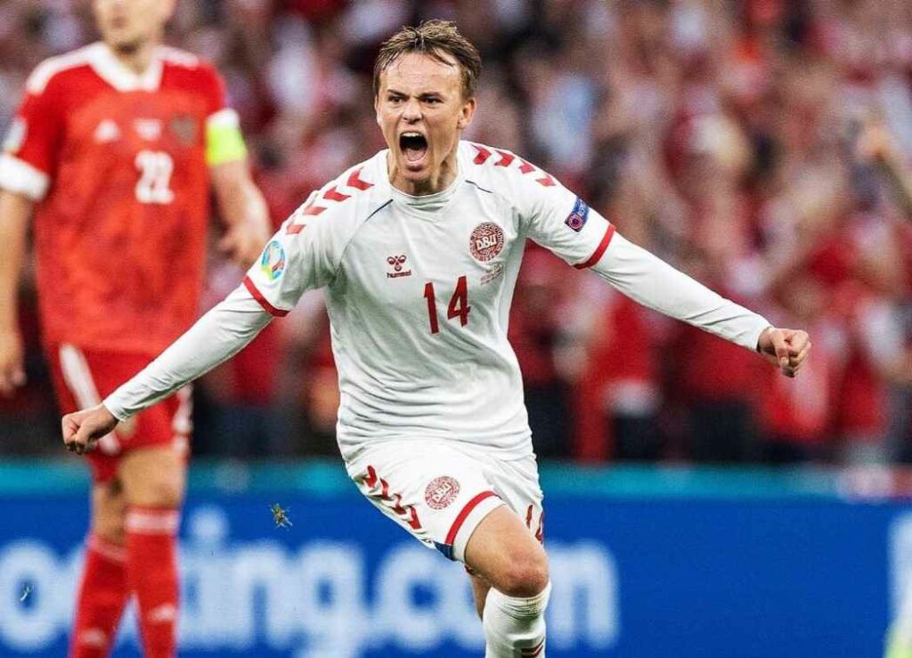 Mikkel Damsgaard goal celebration Denmark